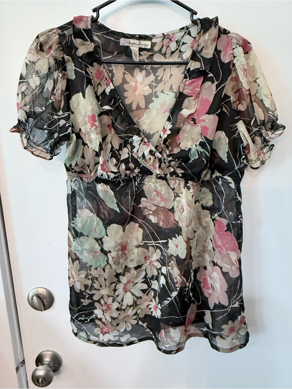 Sheer Floral Ruffle V-Neck Blouse in Black & Pastel Floral, small